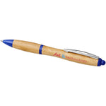 Nash bamboo ballpoint pen with blue accents and branding to the barrel