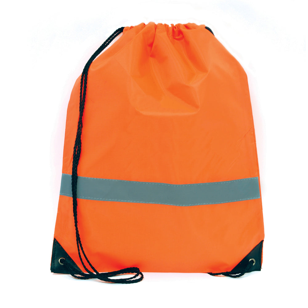 Branded Fluorescent drawstring bag with reflective strip. 210D polyester
