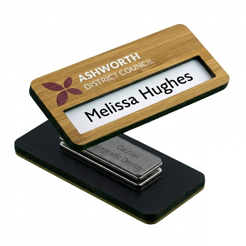 Bamboo Reusable Window Name Badge with Magnetic Fitting - 73mm x 35mm