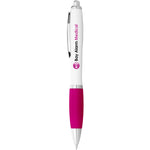 Nash ballpoint pen with white barrel and pink grip. Branded down the barrel