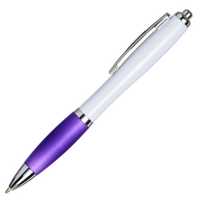 Curvy Ball Pen with a white barrel and purple grip