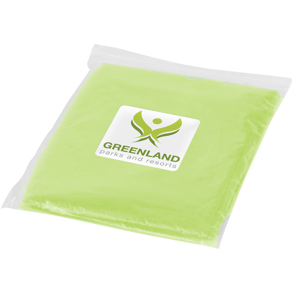 Branded Ziva disposable rain poncho with storage pouch