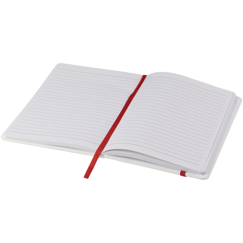 Branded Spectrum A5 white notebook with coloured strap