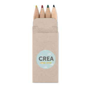 4 mini coloured pencils in a pack with branding on the front