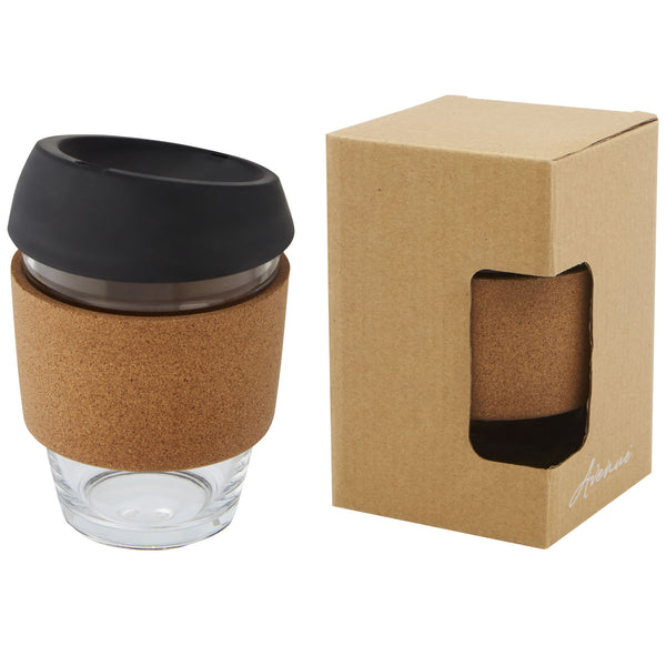 Lidan 360 ml borosilicate glass tumbler with cork grip and silicone lid