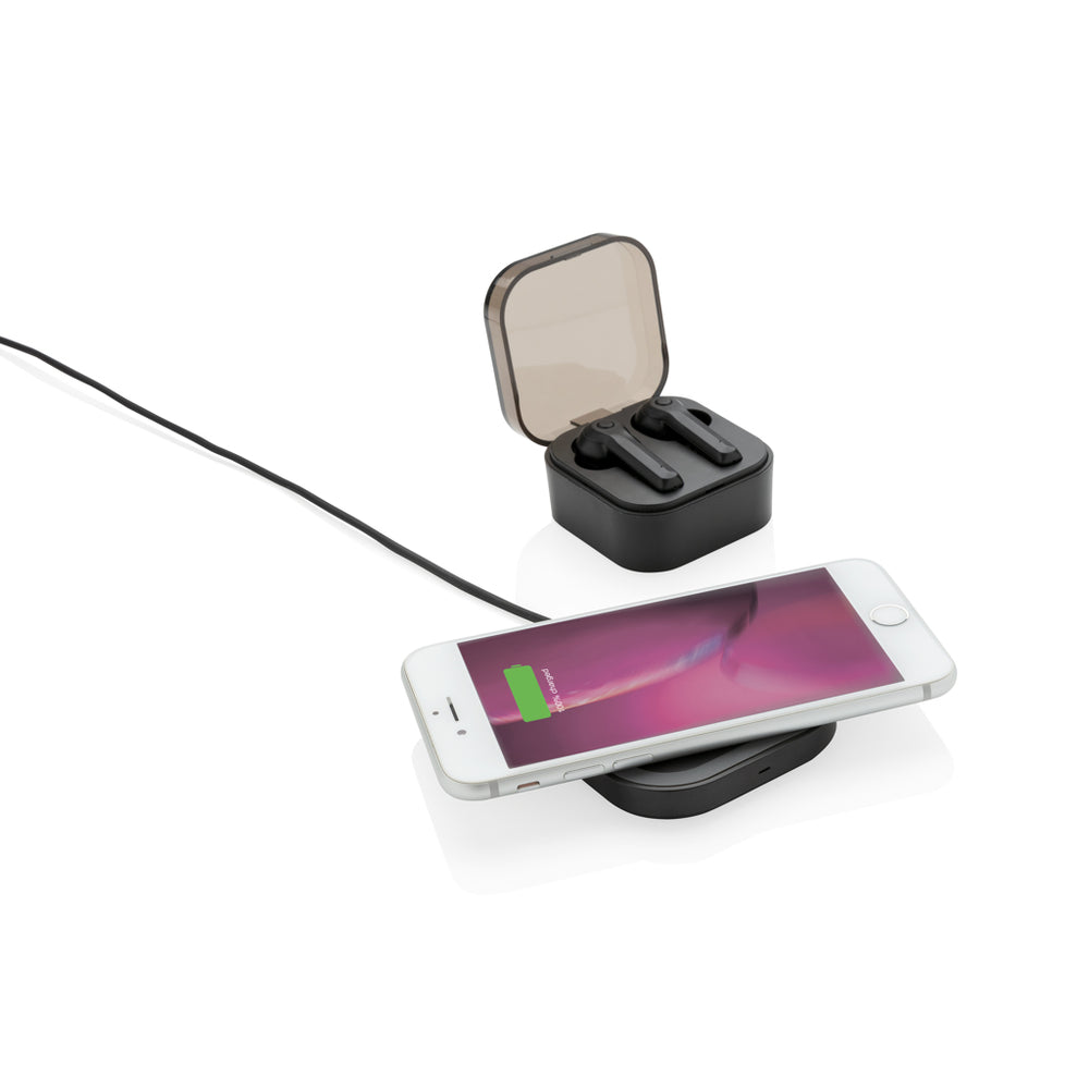 Branded TWS earbuds in wireless charging case