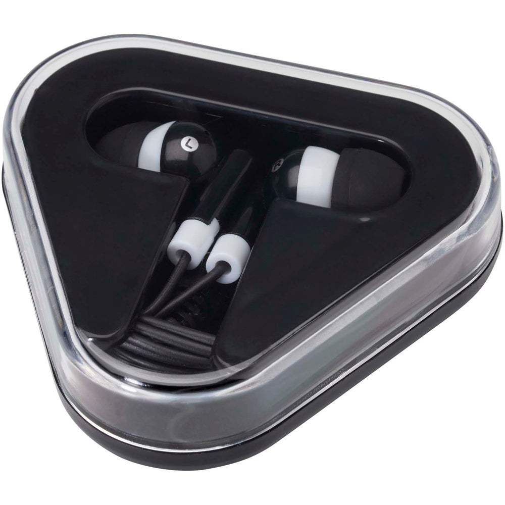 Branded Rebel earbuds with recycled plastic storage box