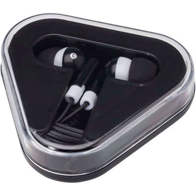 Branded Rebel earbuds with recycled plastic storage box