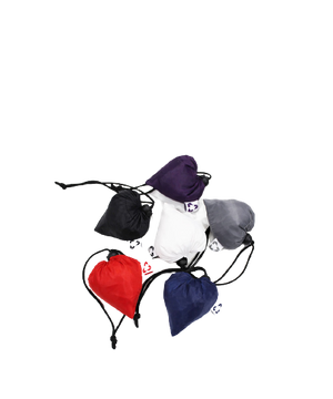 All 6 colour options of the 100% rPET foldable bag  - Tausi folded down. Red, black, blue, purple, grey and white