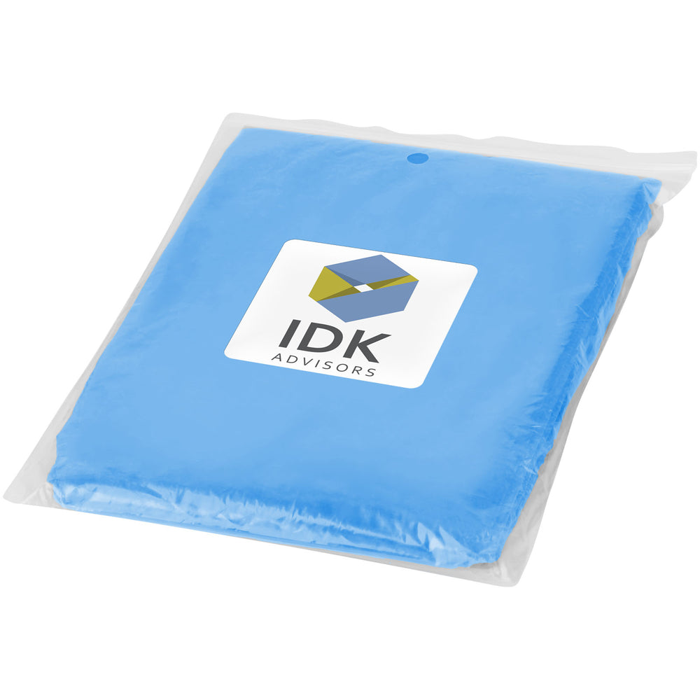Branded Ziva disposable rain poncho with storage pouch