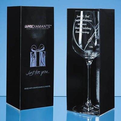 Wine Glass with Heart shaped cut featuring featuring Swarovski crystals bonded to the glass. With engraved message to loved ones.