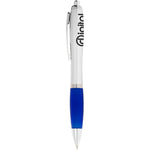 Nash ballpoint pen with silver barrel and blue grip. Branded next to the clip
