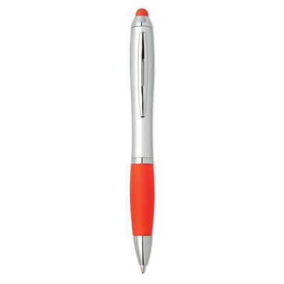 Stylus ball pen with a white barrel and red grip and stylus