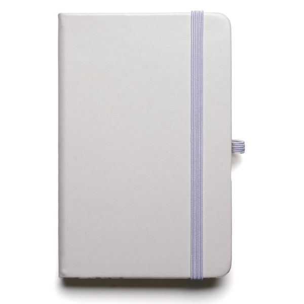 Branded A6 White Notebook with bookmark, pen loop, closure.