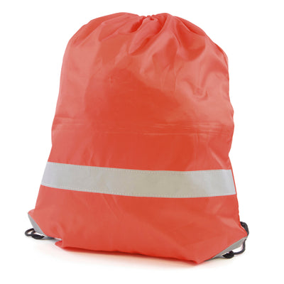 Branded Fluorescent drawstring bag with reflective strip. 210D polyester