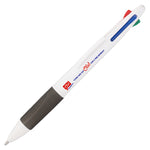 Quad 4 Colour Pen with a a logo branded to the white barrel and grey grip