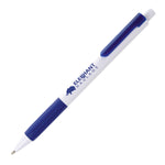 CAYMAN GRIP white barrel ball pen with blue grip and clip, branding down the barrel