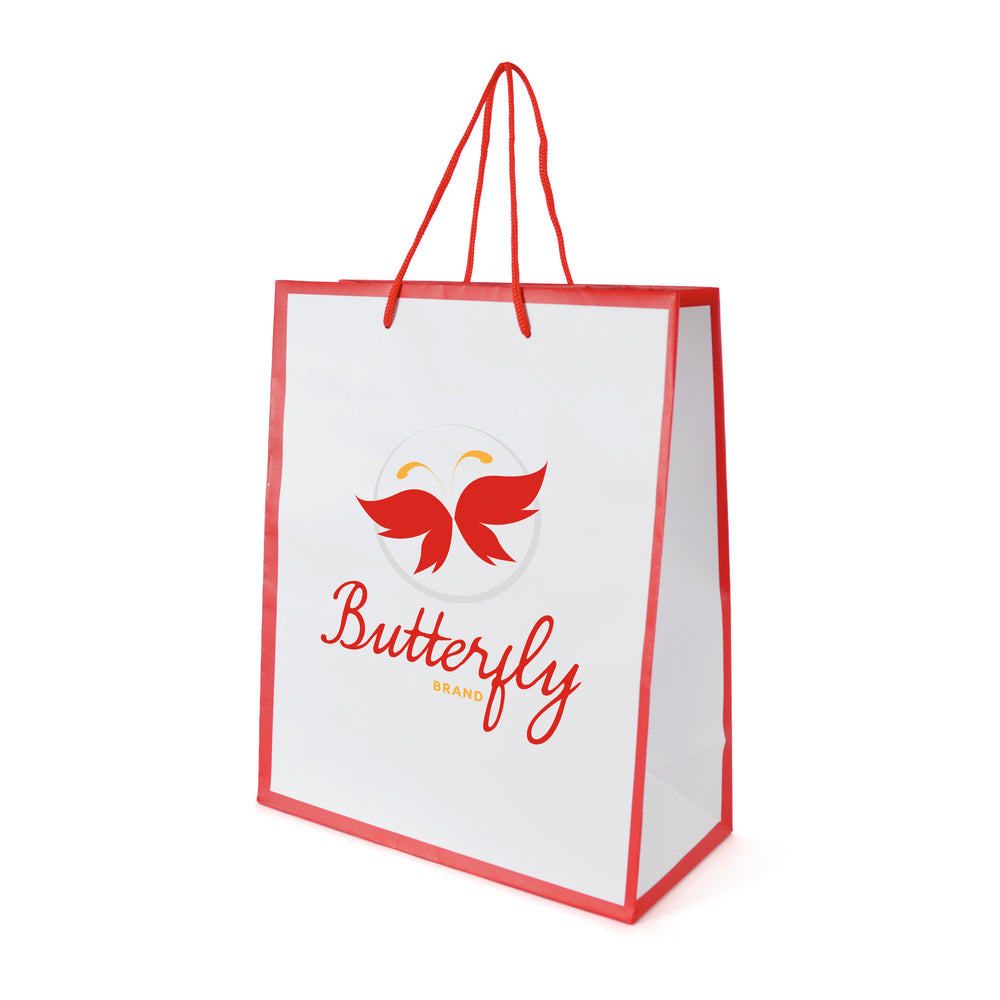 Branded Newquay White Paper Bag with trim and contrasting rope handles