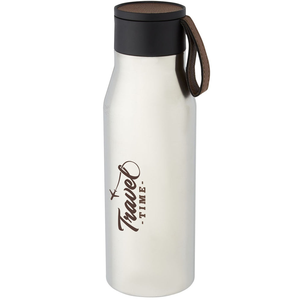 Branded Ljungan 500 ml copper vacuum insulated stainless steel bottle with PU leather strap and lid