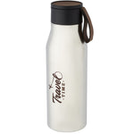 Branded Ljungan 500 ml copper vacuum insulated stainless steel bottle with PU leather strap and lid