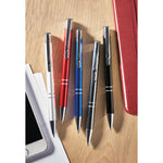 5 of the Push button pens in white, red, blue, titanium and black