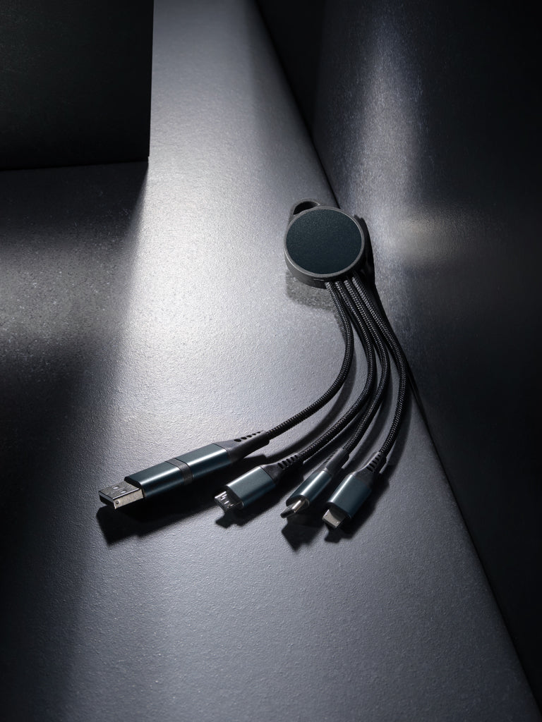 Branded Terra RCS recycled aluminium 6-in-1 charging cable