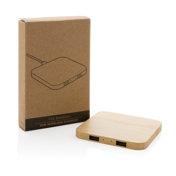 Branded Bamboo 10W wireless charger with USB