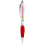 Nash ballpoint pen silver barrel and red grip with branding down the barrel