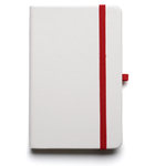 A6 White Notebook with bookmark, pen loop, closure.