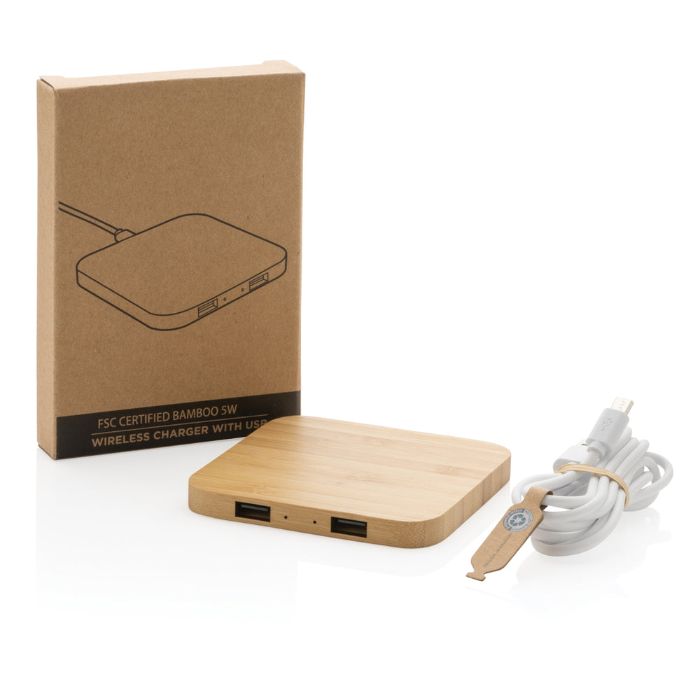 Branded Bamboo 5W wireless charger with USB