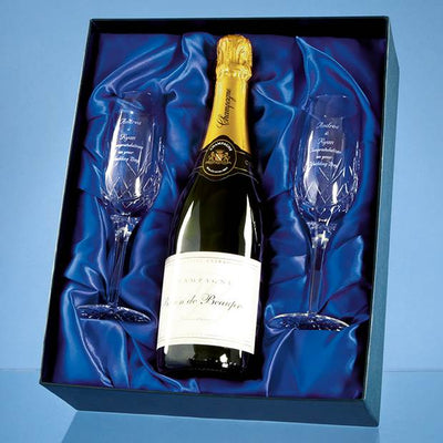 Branded Double Champagne Flute Gift Set with a 75cl Bottle of Brut House Champagne