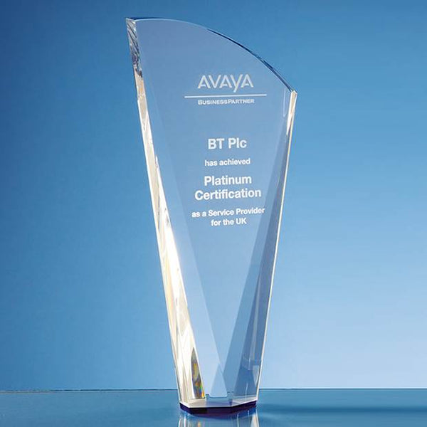 Branded 25.5cm Clear Optical Crystal Facet Shard Award with a Sapphire Blue Base