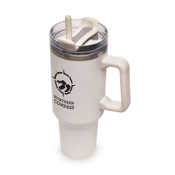Everest WHITE Stainless Steel Mug with Straw and Handle - 1182ml