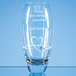 Glass Vase with heart design cut, featuring Swarovski crystals bonded to the glass. Branded with message to loved ones.