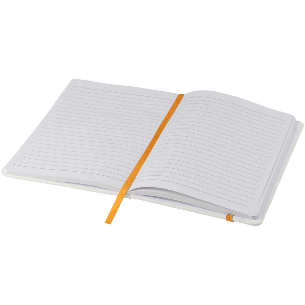 Branded Spectrum A5 white notebook with coloured strap