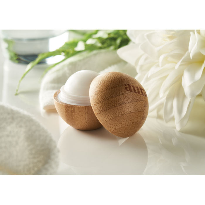 Branded Lip balm in round bamboo case