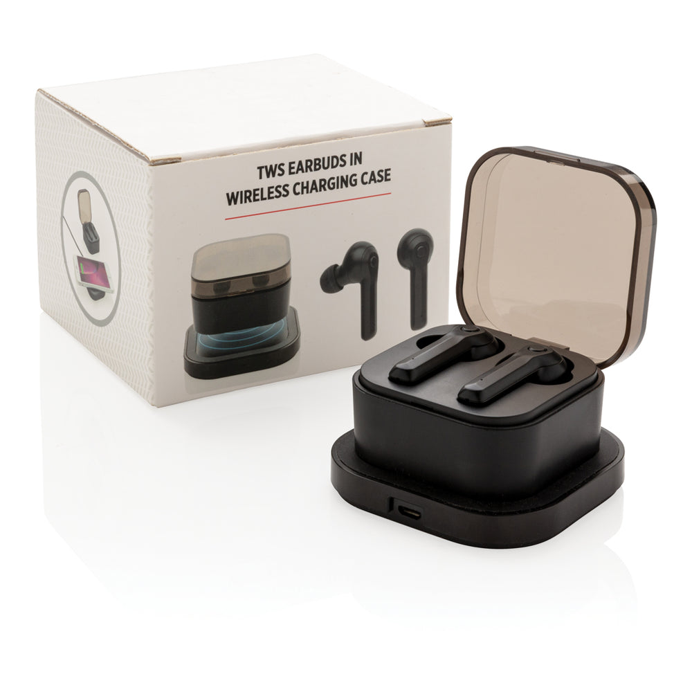 Branded TWS earbuds in wireless charging case