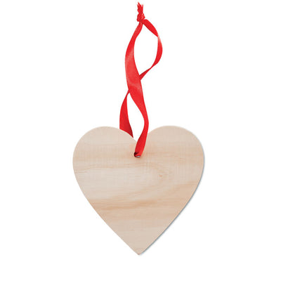 Heart shaped wooden ornament with red ribbon to hang