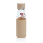 Branded Ukiyo glass hydration tracking bottle with sleeve