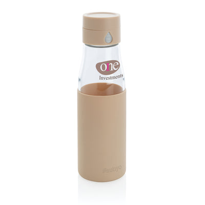 Branded Ukiyo glass hydration tracking bottle with sleeve