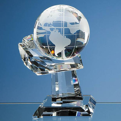 10cm Optical Crystal Globe on Mounted Hand Award
