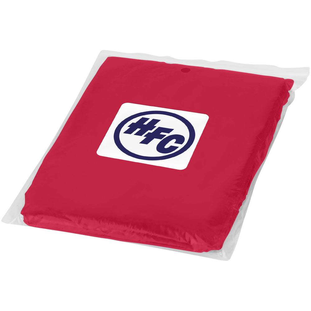 Branded Ziva disposable rain poncho with storage pouch