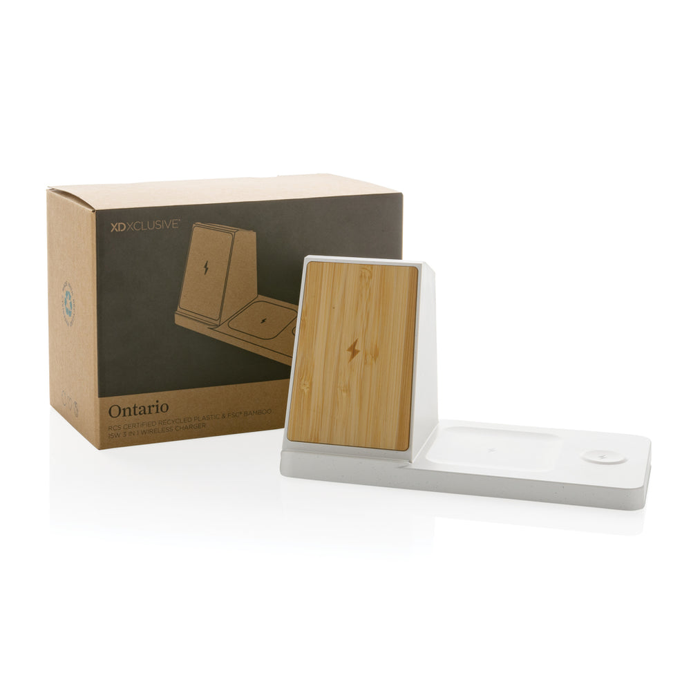Branded Ontario recycled plastic & bamboo 3-in-1 wireless charger
