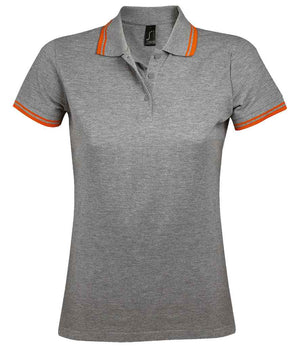 SOL'S Ladies Pasadena Tipped Cotton Piqué Polo Shirt Grey Marl/Orange