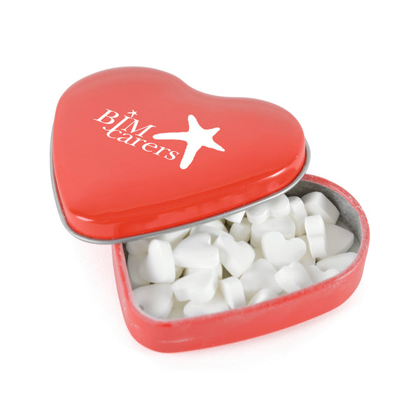 Red Branded Heart shaped mint tin with heart shaped mints.
