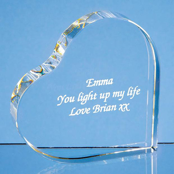 10cm Clear Crystal Heart, stands on side, engraved with bespoke text