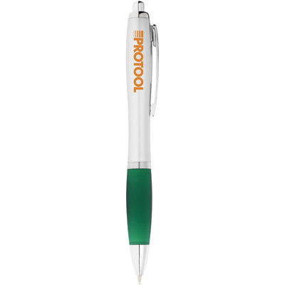 Nash ballpoint pen with silver barrel and green grip. Branded next to the clip
