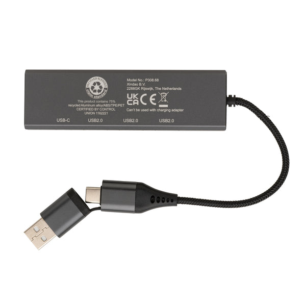Branded Terra RCS recycled aluminium hub with 3 USB ports