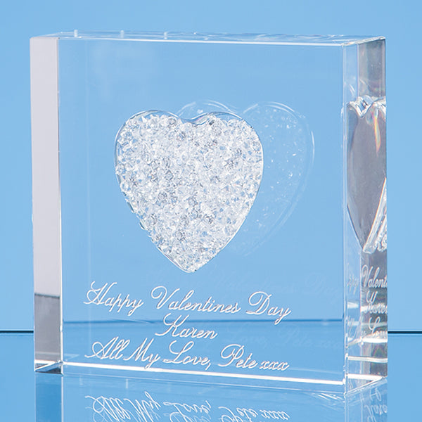 Clear Glass Paperweight boasting heart cut filled with crystals with etched message for your loved ones.