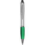 Curvy stylus ballpoint pen with silver barrel and green grip